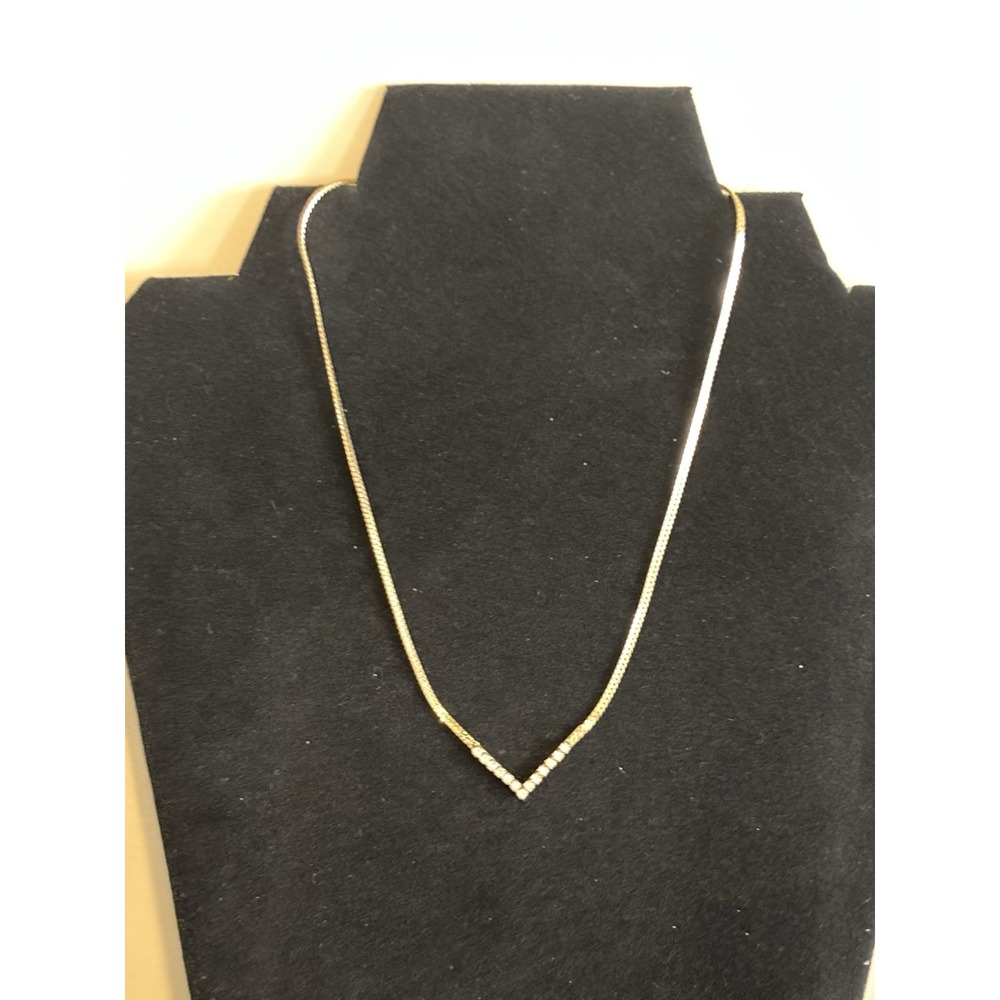 Vintage AVON NECKLACE Gold Tone Flat Chevron Chain With Rhinestone Point